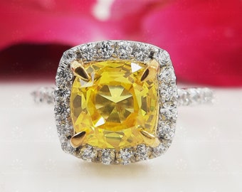 Canary Yellow Cushion Cut Halo Engagement Ring in Sterling Silver, Cubic Zirconia Diamond Bridal Ring, Yellow sapphire CZ Wedding Ring