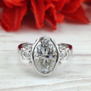 Anillo de compromiso de moissanita ovalada de 3,00 ct, anillo de aniversario con engaste en bisel Art Deco, anillo de oro macizo de 14 k, anillo antiguo para mujer, regalo de Navidad para ella