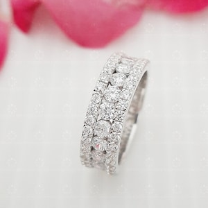 6.00 MM Stacking Eternity Round Moissanite Triple Row Pave Full Eternity Wedding Band, Art Deco Unique Anniversary Band in Sterling Silver