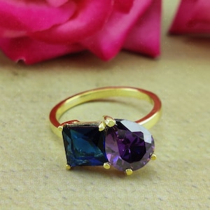 Toi Et Moi Engagement Ring, Birthstone Ring, Pear Amethyst & Princess Blue Sapphire Ring, Two Stone Ring, You and Me Ring, Anniversary Gift