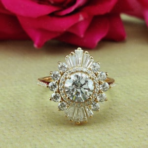2 Carat Round Moissanite Halo Ring, Art Deco Starburst Engagement Ring Women, Tapered Baguette Wedding Ring, Sterling Silver Gift For Her