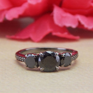 Three Stone Black Diamond Ring, Three Stone Engagement Ring, 925 Sterling Silver Black Diamond Simulant Ring, Onyx Ring, Anniversary Gift