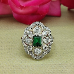 1930s Antique Art Deco Engagement Ring, Vintage Style Ring In Silver, Green Emerald Ring For Women, Anniversary Gift For Her, Estate Ring