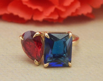 Toi Et Moi Ring, Blue Ruby Cubic Zirconia, Two Stone Ring For Women