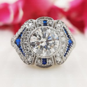 1930s Vintage Engagement Ring, Art Deco Silver Ring, Blue sapphire Women&#39;s Ring, Estate Ring, Round Moissanite Channel Set Women&#39;s Ring