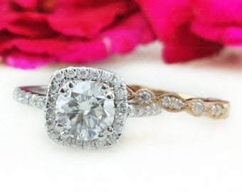 Conjunto de anillos de boda con halo de moissanita redondo, miligrain Art Déco oro rosa sobre media eternidad banda mujeres plata Cz anillo nupcial de dos piezas conjunto mujeres