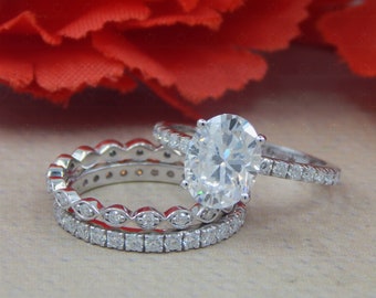 Oval Moissanite Wedding Ring Set, Sterling Silver Bridal Eternity Band, Women's Jewerly Gifts