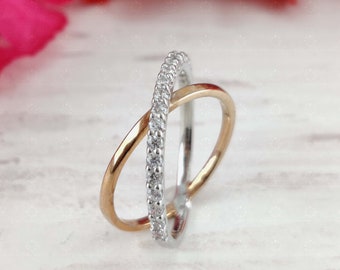 Criss Cross Ring, Round Moissanite X Ring, Sterling Silver Stackable Ring, Double Band Ring, Crisscrossing Band, Statement Ring, Dainty Ring