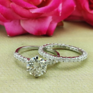 Set di anelli di fidanzamento con taglio rotondo da 2,75 CT, set nuziale con moissanite rotonda, fascia per l&#39;eternità completa con moissanite, regalo di anniversario con solitario, anello per donna