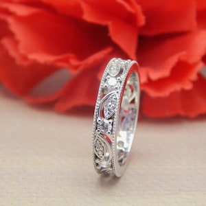 Art Deco Moissanite Wedding Band Women, 925 Sterling Silver Vintage Style Full Eternity Band, Leaf And Vine Round Moissanite Filigree Band