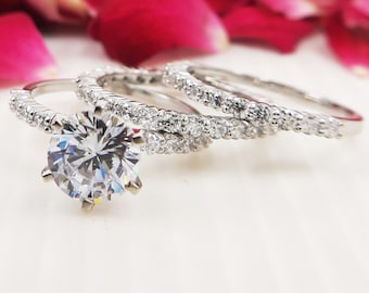 Three piece Round Moissanite Bridal Ring Set, Stackable Round CZ & Moissanite Wedding Ring Set, Eternity Band for her, Rose Gold Plated Set