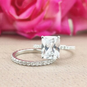 Radiant Moissanite Engagement Ring Set, Radiant Cut 3.50 Ct Moissanite Bridal Wedding Set, Full Eternity Wedding Band Women In 925 Silver
