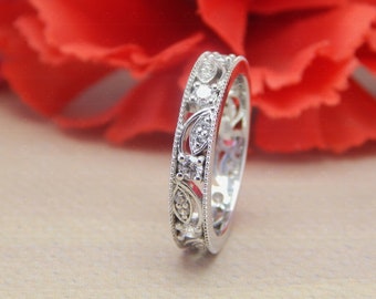 Art Deco Moissanite Wedding Band Women, 925 Sterling Silver Vintage Style Full Eternity Band, Leaf And Vine Round Moissanite Filigree Band