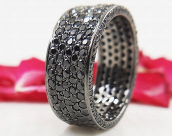 Round Cut  Black Diamond Moissanite Men&#39;s And Women&#39;s Wedding Ring, Black Moissanite 925 Sterling Silver Promise Ring, Full Eternity Band