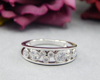 Scatter Ring, Round Moissanite Bubble Ring, Round Cut Bezel Set Cluster Ring, Multi stone Scatter Ring, Scattered Bubble Silver Ring Women