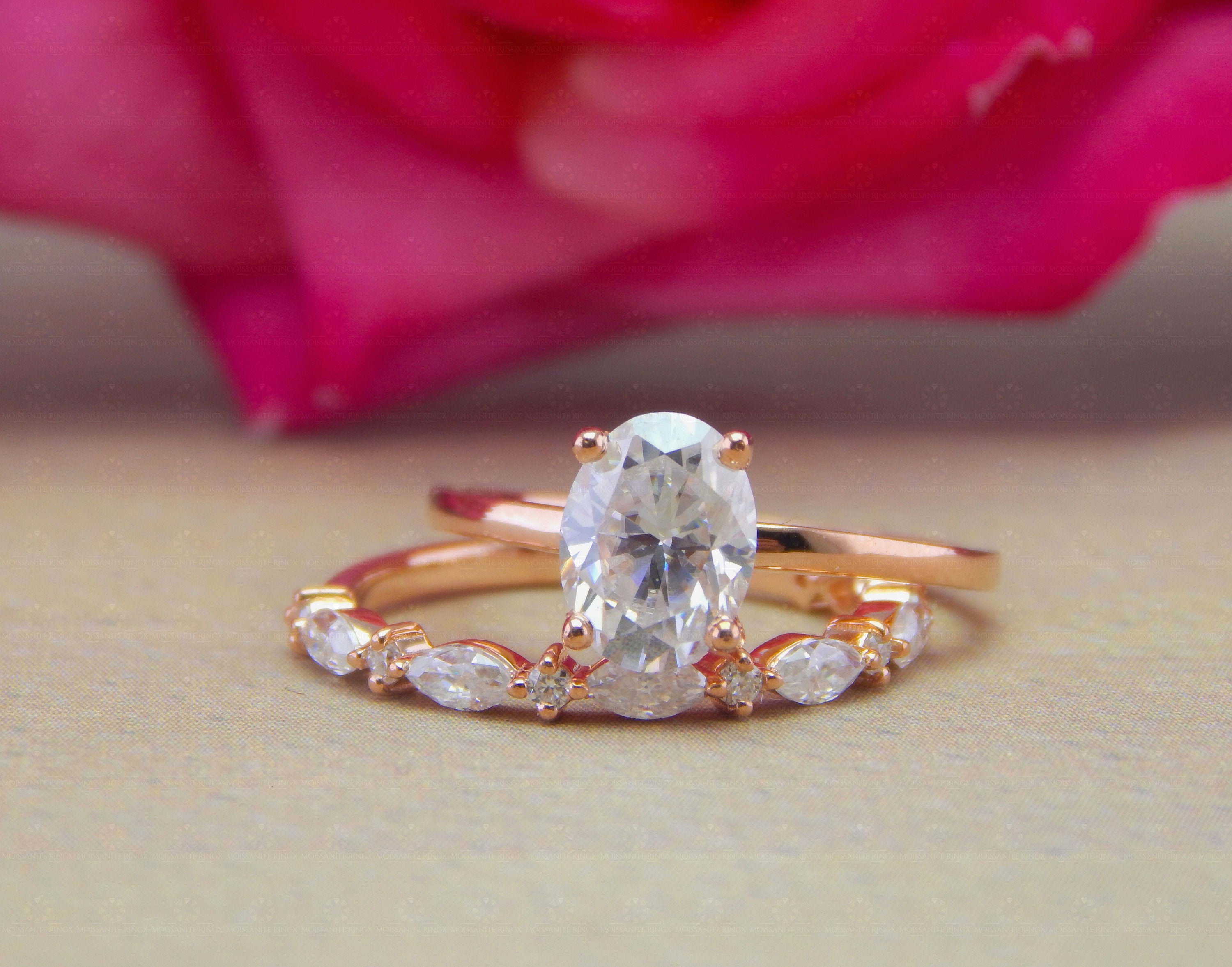 Oval Moissanite Wedding Ring Set, Half Eternity Band, 14K Gold ...