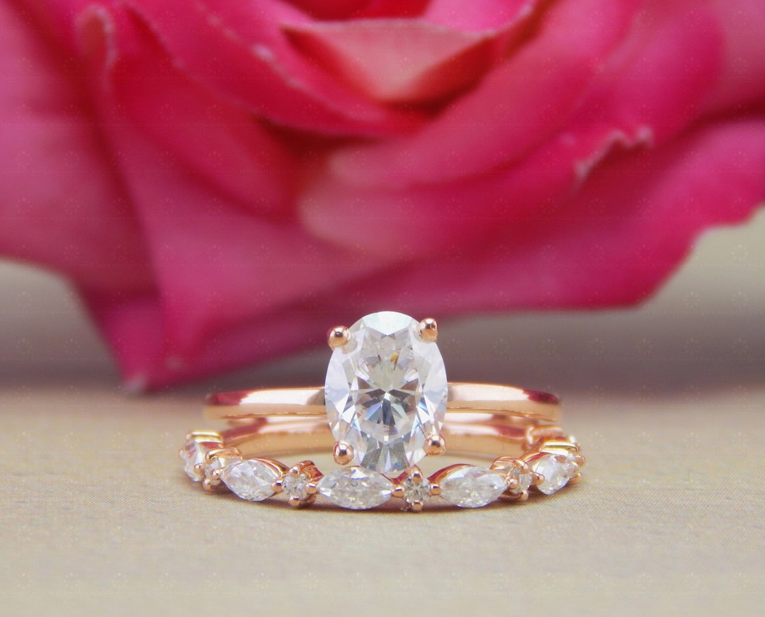 Oval Moissanite Wedding Ring Set, Half Eternity Band, 14K Gold ...