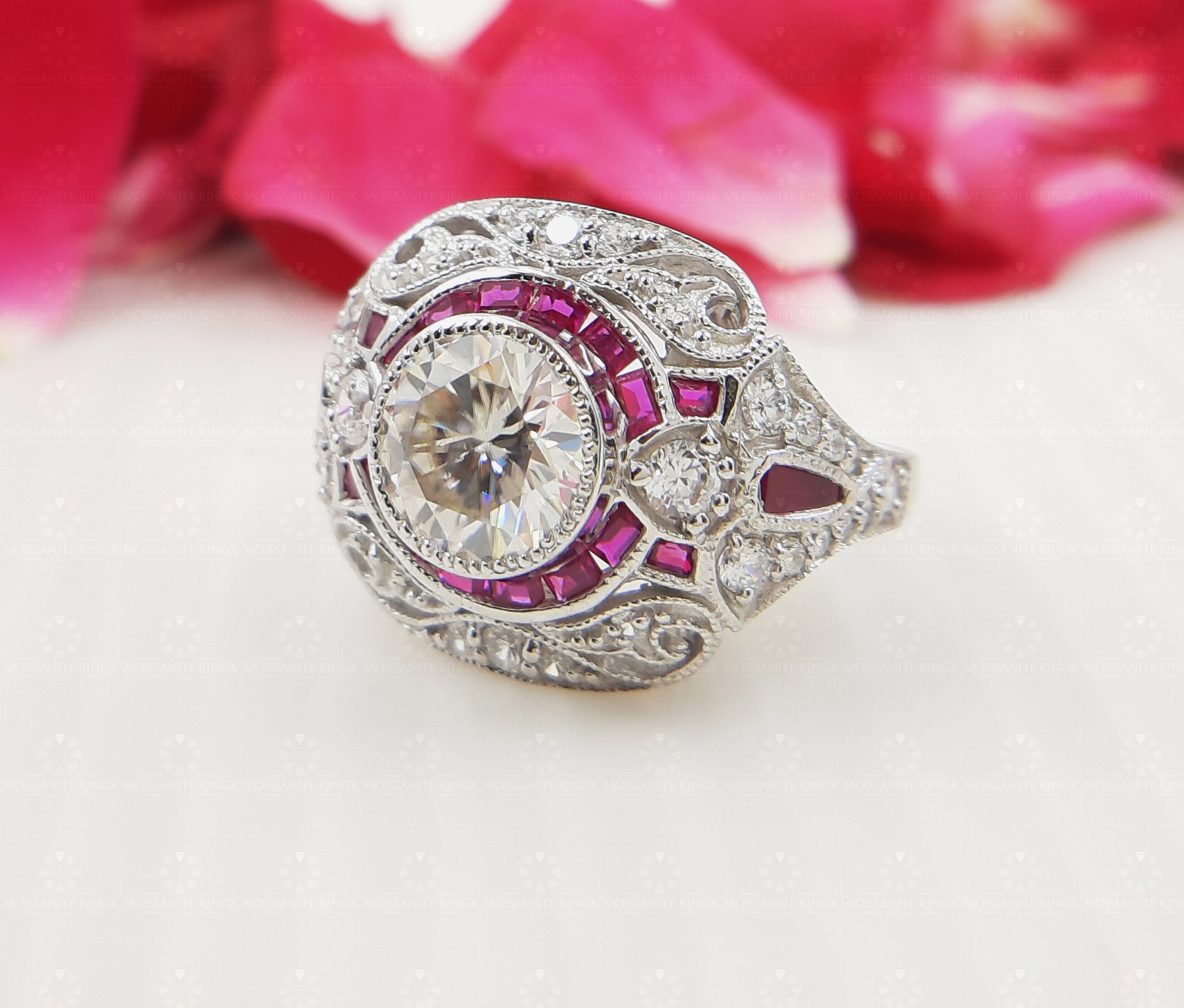 Art Deco Style Engagement Ring in Sterling Silver Round Cut Etsy