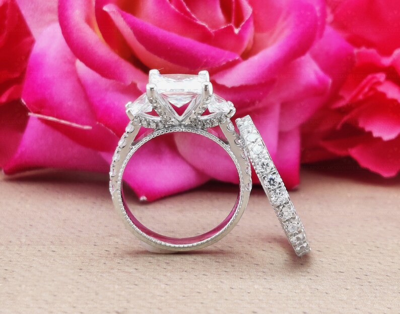 Princess Moissanite Wedding Ring Set Two Piece Bridal Set Etsy