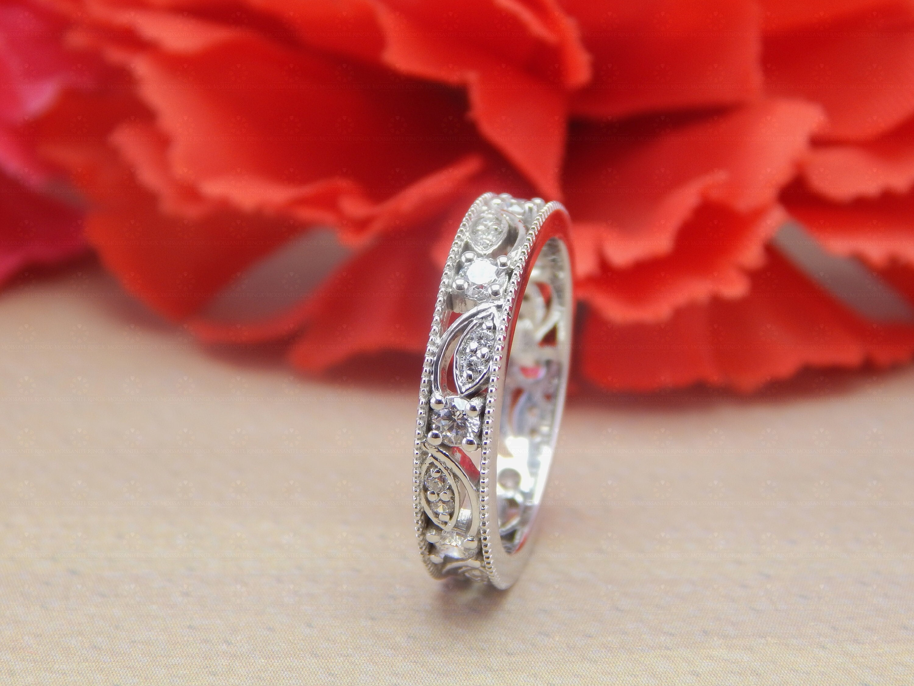 Art Deco Moissanite Wedding Band Women, 925 Sterling Silver Vintage Style Full Eternity Band, Leaf And Vine Round Moissanite Filigree Band