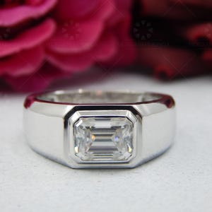 Emerald Cut Moissanite Engagement Ring, Men&#39;s Solitaire Ring, Bezel Set Men&#39;s Gold Ring, Statement Ring Ring For Him, Diamond Ring Men&#39;s