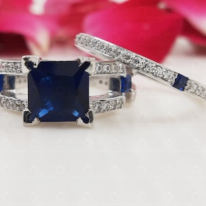 Blue Sapphire Bridal Ring Set in 925 Sterling Silver, Half Eternity Stacking band, cz Engagement Ring, September Birthstone Ring