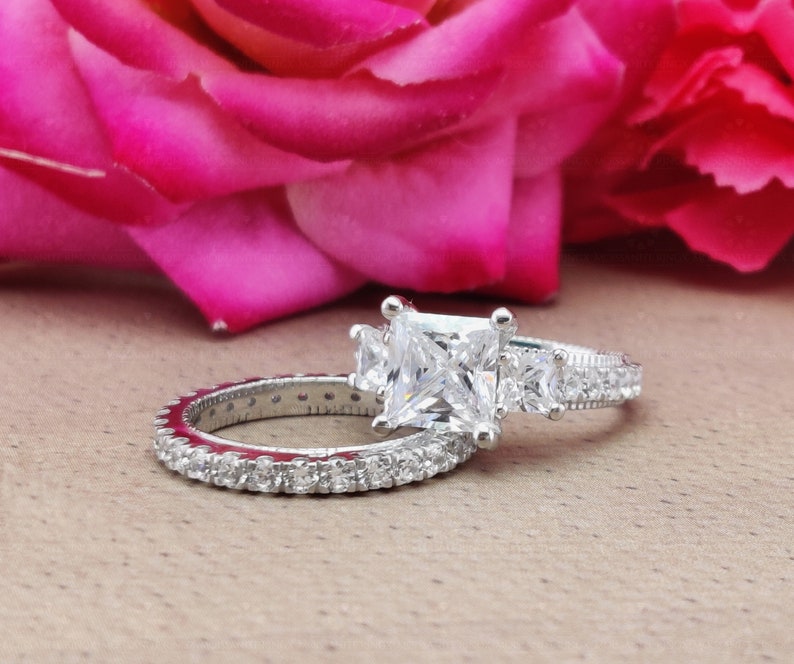 Princess Moissanite Wedding Ring Set Two Piece Bridal Set Etsy