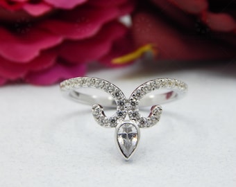 Pear Cut Moissanite Bezel Ring Women, Round Diamond Moissanite Ring, Tiara Crown Ring, Vintage Style Wedding Ring, Statement Ring For Her