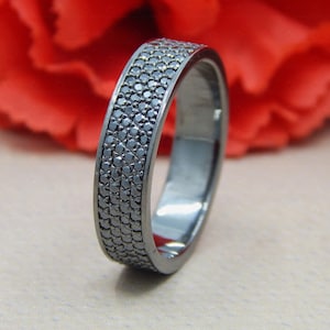 Round Cut Black Diamond Moissanite Wedding Band Men&#39;s, 6.00 MM Black Moissanite Full Eternity Band Women&#39;s, Micro Pave Wedding Band Silver
