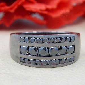 Round Cut Black Diamond Moissanite Wedding Ring, Men&#39;s And Women&#39;s Black Moissanite Three Row Ring, 925 Sterling Silver Ring, Gift For Him