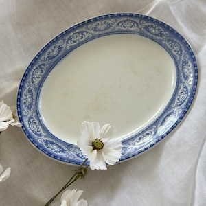 May include: An oval ceramic platter featuring a white centre with light brown staining and a wide blue and white border decorated with intricate floral and scroll patterns, accompanied by two white cosmos flowers with green centres.