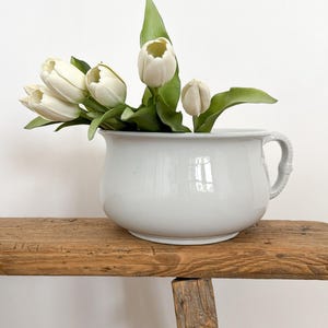 May include: A white ceramic planter with a handle, filled with white tulips and green leaves, sits on a rustic wooden bench. The planter has a rounded shape and a light grey colour.