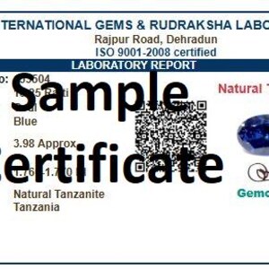 May include: A laboratory report from International Gems & Rudraksha Laboratory for a natural tanzanite. The document includes a QR code, technical specifications, and an image of an oval-cut blue tanzanite gemstone with a gemologist signature.