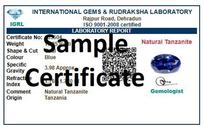 May include: A laboratory report from International Gems & Rudraksha Laboratory for a natural tanzanite. The document includes a QR code, technical specifications, and an image of an oval-cut blue tanzanite gemstone with a gemologist signature.