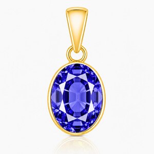May include: A gold pendant featuring an oval-shaped, faceted blue gemstone set in a smooth gold bezel. The pendant includes a tapered gold bail at the top, designed for attachment to a chain, showcasing a polished finish and vibrant blue colour.