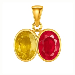 May include: A gold pendant with two oval gemstones: a bright yellow and a rich red. The pendant has a polished gold bail for a chain. The design is classic, suitable for various occasions, and crafted with attention to detail.