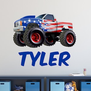 Personalized Monster Truck Wall Decal - Wall Decor - Nursery Monogram Truck Theme Kids Bedroom Decor Baby Boy Room Vinyl Sticker