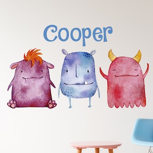 Personalized Monsters Nursery Wall Decal - Watercolor Name Monster Wall Stickers - Kids Wall Decoration Monsters Wall Art Vinyl Sticker