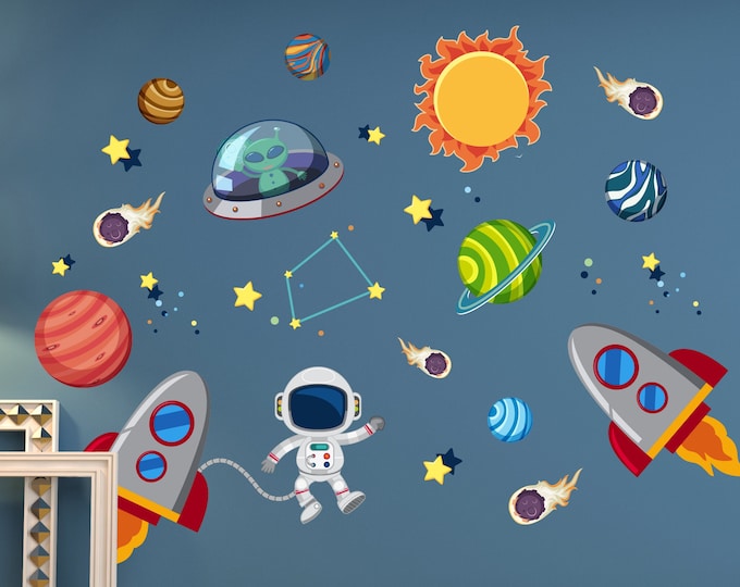 Outer Space Astronaut Wall Decal - Stars Planets Astronaut Rocket Ship ...