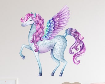 Calcomanía de pared con unicornio centelleante de acuarela - Adhesivo de pared para niñas y niños - Vinilo decorativo para dormitorio infantil