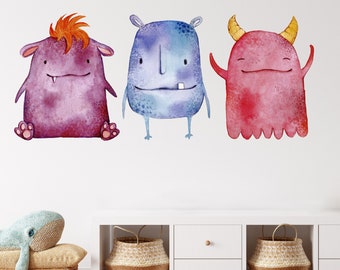 Cute Monsters Nursery Wall Decal - Watercolor Monster Wall Stickers - Kids Watercolor Wall Decoration Monsters Wall Art Vinyl Sticker