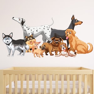 May include: A group of eight cartoon dogs of different breeds, including a Dalmatian, a Husky, a Pug, a Beagle, a Chihuahua, a Bulldog, a Doberman Pinscher, and a Golden Retriever. The dogs are all standing or sitting on a white background.