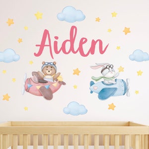 Personalized Bear and Bunny Airplane Wall Decals - Custom Name Nursery Stickers with Clouds & Stars - Kids Bedroom Wall Decor