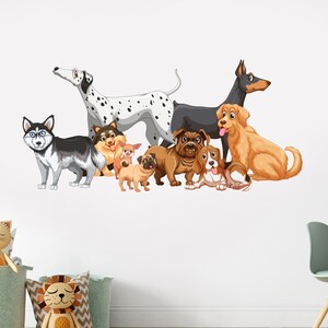 May include: A group of eight cartoon dogs of different breeds, including a Dalmatian, a Husky, a Pug, a Beagle, and a Golden Retriever. All the dogs are smiling and looking at the viewer.