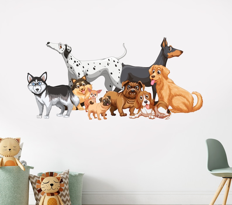 May include: A group of eight cartoon dogs of different breeds, including a Dalmatian, a Husky, a Pug, a Beagle, and a Golden Retriever. All the dogs are smiling and looking at the viewer.