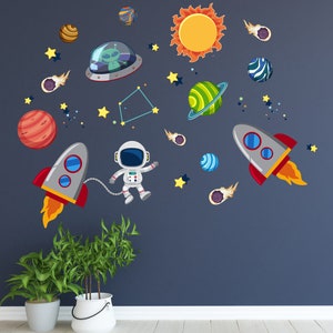 Outer Space Astronaut Wall Decal - Stars Planets Astronaut Rocket Ship ...
