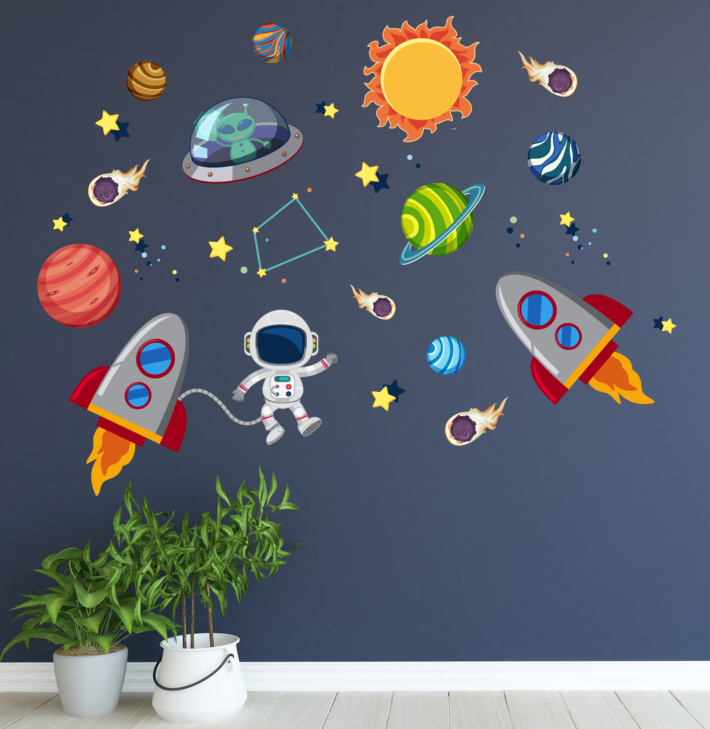 Outer Space Astronaut Wall Decal - Stars Planets Astronaut Rocket Ship ...