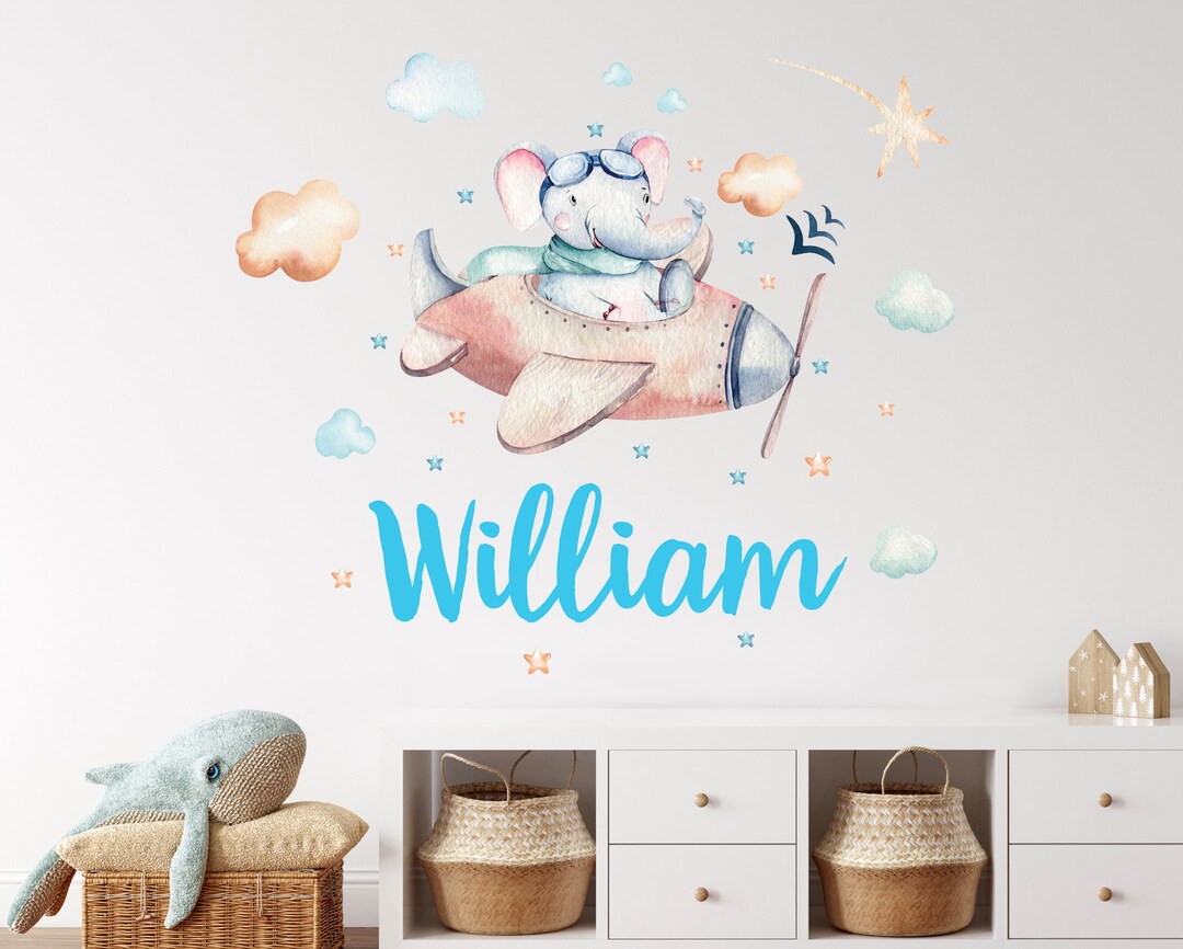 Personalized Elephant Airplane Name Wall Decals for Kids Bedroom ...