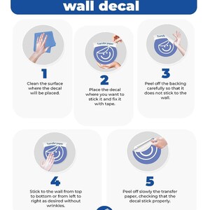 Puede incluir: Cinco pasos ilustrados sobre c&oacute;mo aplicar una calcoman&iacute;a de pared. Los pasos est&aacute;n numerados del 1 al 5. Cada paso muestra una mano sosteniendo una calcoman&iacute;a y un papel de transferencia. Los pasos son: 1. Limpie la superficie donde se colocar&aacute; la calcoman&iacute;a. 2. Coloque la calcoman&iacute;a donde desee pegarla y f&iacute;jela con cinta adhesiva. 3. Despegue el respaldo con cuidado para que no se pegue a la pared. 4. Pegue a la pared de arriba hacia abajo o de izquierda a derecha como desee, sin arrugas. 5. Despegue lentamente el papel de transferencia, comprobando que la calcoman&iacute;a se adhiera correctamente.