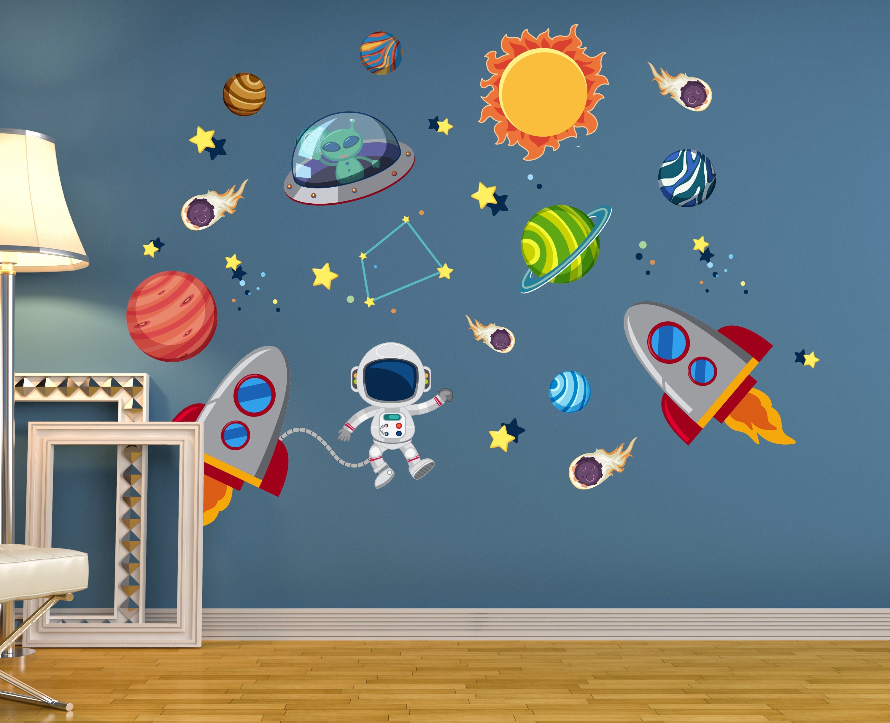 Outer Space Astronaut Wall Decal - Stars Planets Astronaut Rocket Ship ...